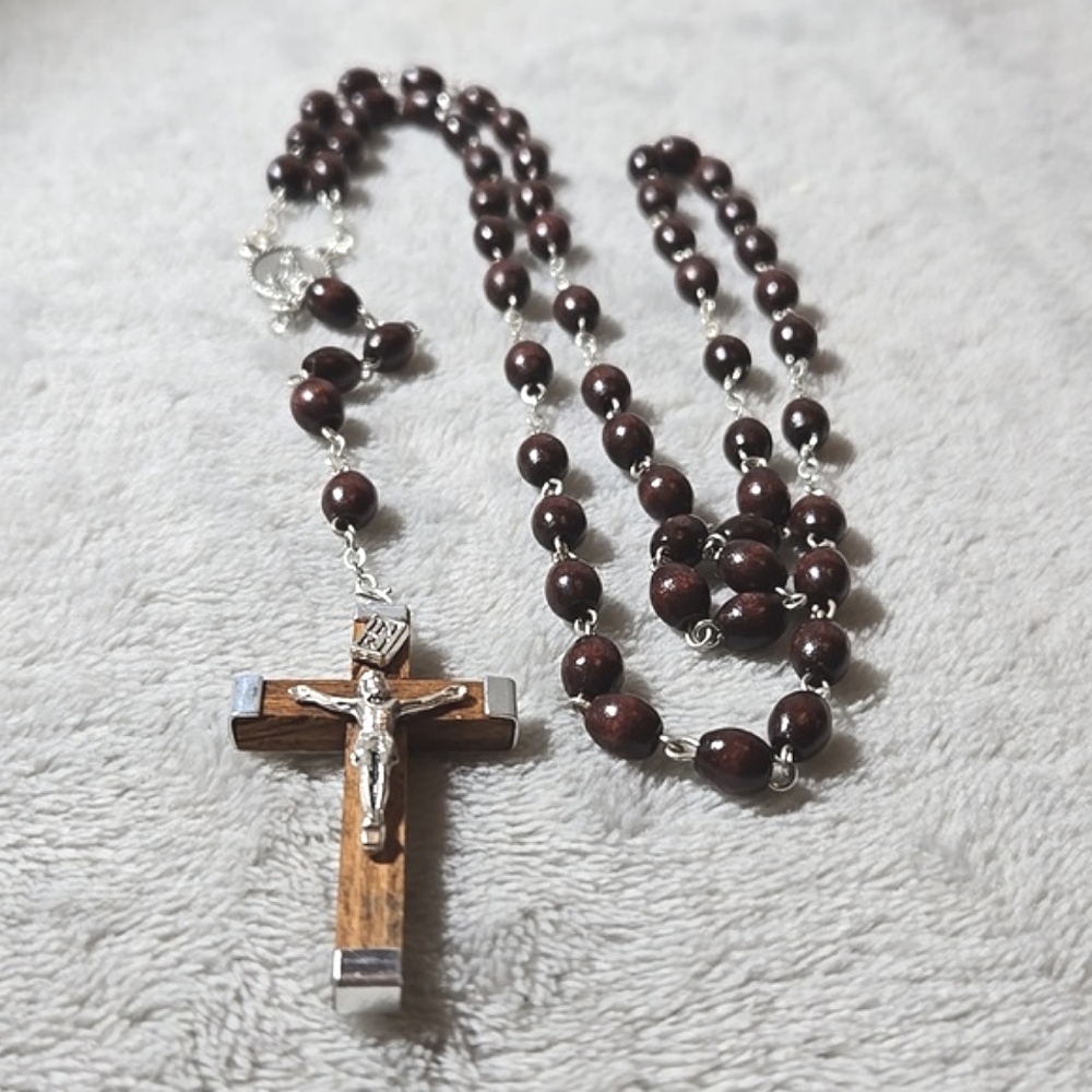 #386 Brown Bead cross Rosary  19 inches long